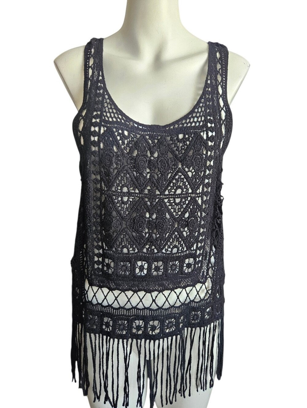 JJ Basics Crochet Tank Top Medium Black Fringe Boho Hippie Y2K Festival